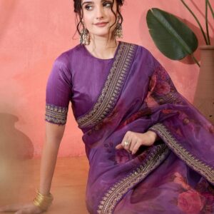 Sangria Floral Printed With Embellished Border Party Wear Saree With Unstitched Blouse