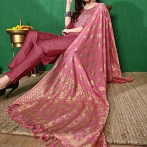 Sangria Floral Yoke Design Sequinned Kurta with Trousers & Dupatta