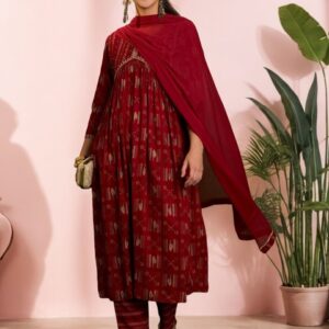 Sangria Printed Organic Cotton Anarkali Kurta With Trouser & Dupatta