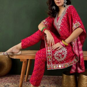 Sangria Red Bandhani Printed Regular Mirror Work Kaftan Kurta With Trouser
