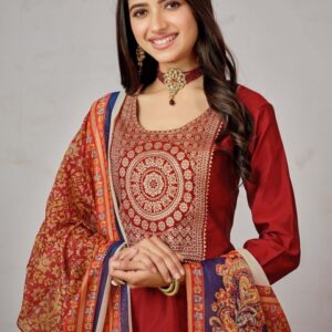 Sangria Red Ethnic Motifs Yoke Design Gotta Patti Art Silk Kurta With Trouser & Dupatta