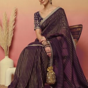 Sangria Striped Print Designer Saree With Blouse Piece