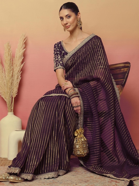 Sangria Striped Print Designer Saree With Blouse Piece