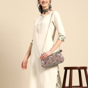 Sangria Women Off White Ethnic Motifs Regular Beads and Stones Kurta with Trousers