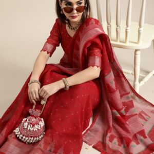 Saree Mall Blazing Red Linen Blend Saree