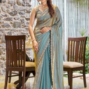 Saree Mall Teal blue Pure Chiffon Embellished Party Wear Saree with Matching Blouse