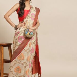 Silk Land Beige & Maroon Floral Woven Design Zari Jute Silk Tussar Saree