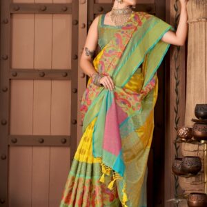 Silk Land Yellow & Turquoise Blue Ethnic Motifs Zari Art Silk Banarasi Saree