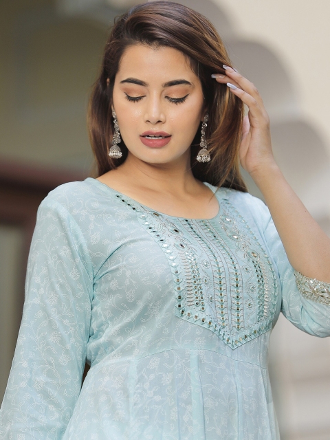 SINGNI Ethnic Motifs Printed Mirror Work Anarkali Kurta with Trousers & Dupatta