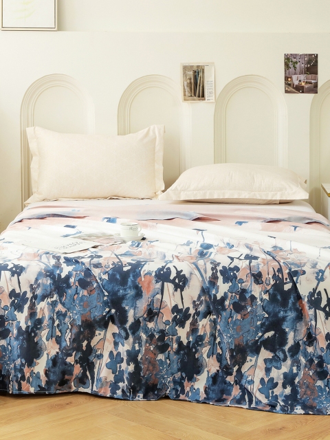 Story@home Navy Blue & Pink Floral Printed Cotton King Bedsheet with 2 Pillow Covers