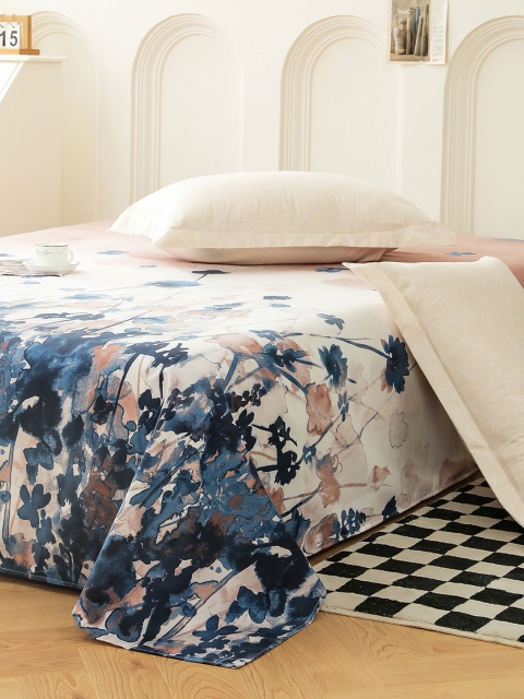 Story@home Navy Blue & Pink Floral Printed Cotton King Bedsheet with 2 Pillow Covers