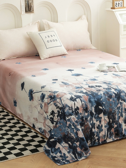 Story@home Navy Blue & Pink Floral Printed Cotton King Bedsheet with 2 Pillow Covers