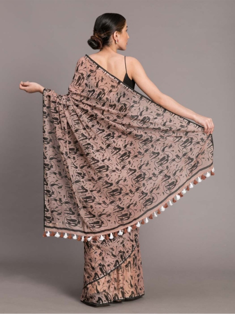 Suta Beige Black Pure Mul Cotton Printed Saree