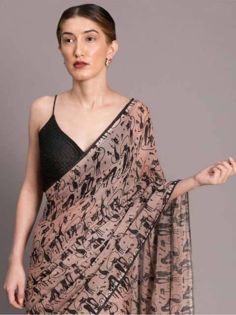 Suta Beige Black Pure Mul Cotton Printed Saree