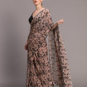 Suta Beige Black Pure Mul Cotton Printed Saree