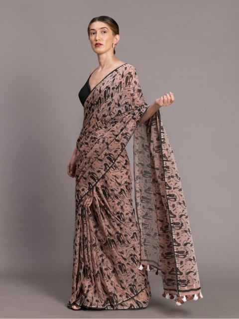 Suta Beige Black Pure Mul Cotton Printed Saree