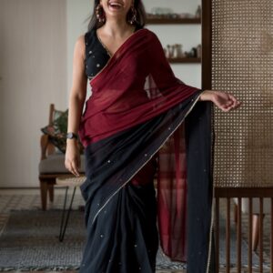 Suta Black & Maroon Colourblocked Printed Sequinned Pure Cotton Saree