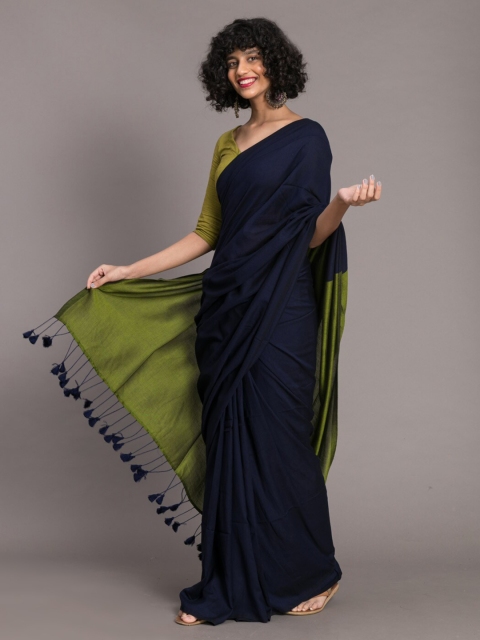 Suta Blue Green Colourblocked Cotton Blend Saree