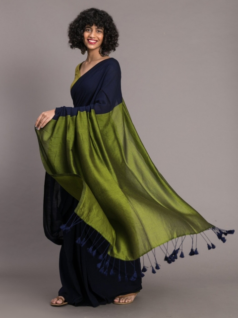 Suta Blue Green Colourblocked Cotton Blend Saree