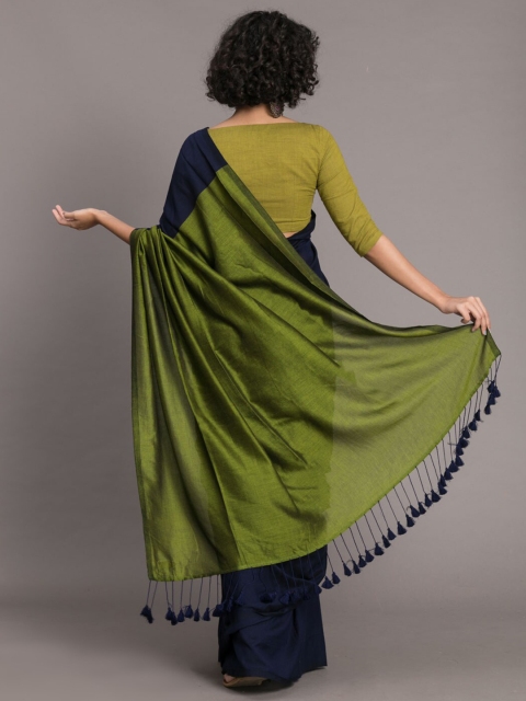 Suta Blue Green Colourblocked Cotton Blend Saree