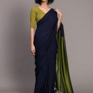 Suta Blue Green Colourblocked Cotton Blend Saree