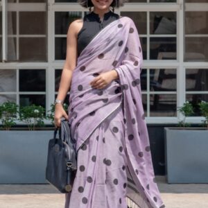 Suta Lavender & Black Polka Printed Pure Cotton Saree