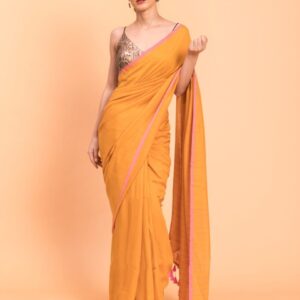 Suta Mustard Yellow & Pink Cotton Striped Saree