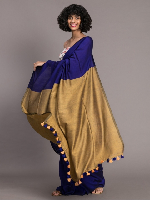 Suta Navy Blue Golden Colourblocked Saree