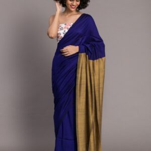 Suta Navy Blue Golden Colourblocked Saree