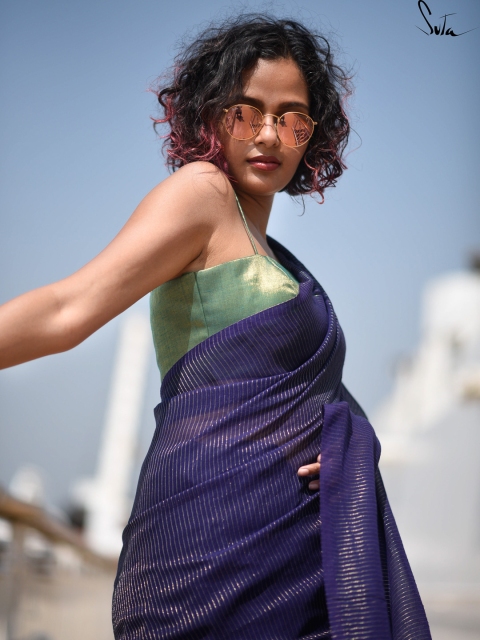 Suta Purple Woven Zari Striped Pure Handloom Cotton Saree