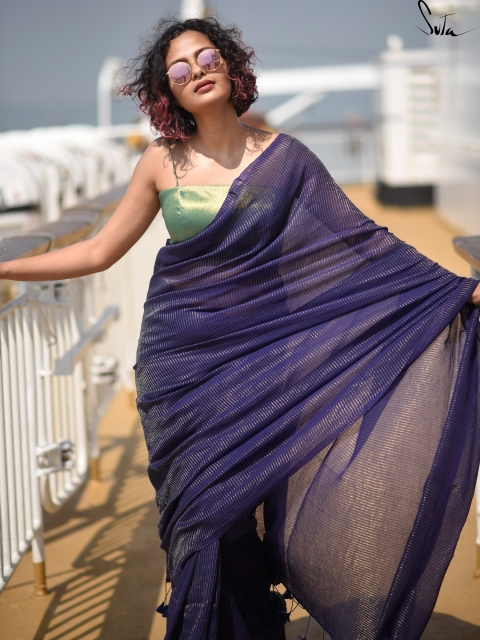 Suta Purple Woven Zari Striped Pure Handloom Cotton Saree