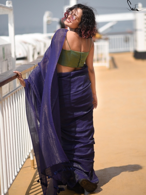 Suta Purple Woven Zari Striped Pure Handloom Cotton Saree