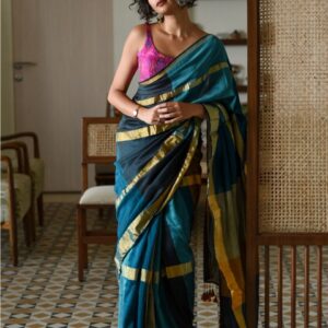 Suta Teal blue & Yellow Colourblocked Zari Saree