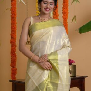 TEEJH Traditional Solid Tissue Kasavu Saree
