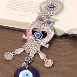 TIED RIBBONS Silver Toned & Blue Owl Evil Eye Door Wall Hanging