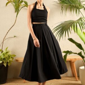 Uptownie Cotton Poplin Box Pleated Midi Skirt