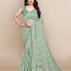 VAIRAGEE Green Ethnic Motifs Embroidered Net Saree
