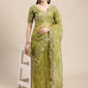VAIRAGEE Green & Gold Floral Sequinned Organza Saree