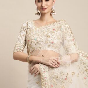 VAIRAGEE Off White Floral Embroidered Net Saree