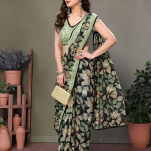 VELVINE Floral Poly Chiffon Block Print Saree