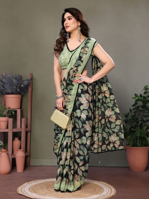 VELVINE Floral Poly Chiffon Block Print Saree