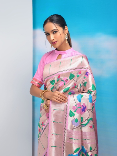 VISHNU WEAVES Ethnic Motifs Woven Design Zari Pure Silk Paithani Saree