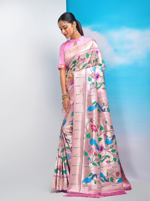 VISHNU WEAVES Ethnic Motifs Woven Design Zari Pure Silk Paithani Saree