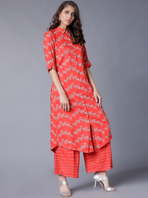 Vishudh Women Orange & Grey Printed Kurta with Palazzos