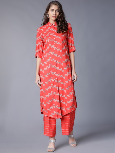 Vishudh Women Orange & Grey Printed Kurta with Palazzos