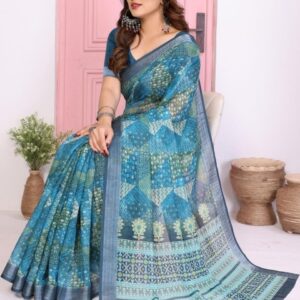 vj fashion Green Linen Blend Printed Sarees