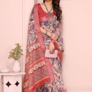 vj fashion Red Linen Blend Printed Sarees